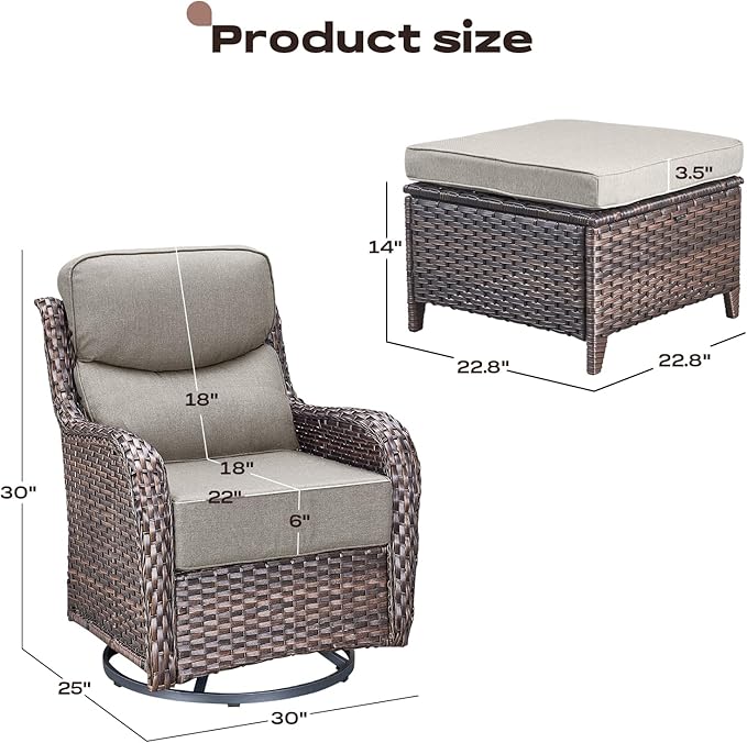 Rilyson Outdoor Patio Furniture Set - Weather Resistant Wicker,High Back,6 inch Cushions,4 Piece Patio Furniture Set with Swivel Rocker Chairs and Ottomans for Deck Porch Yard,Brown/Beige
