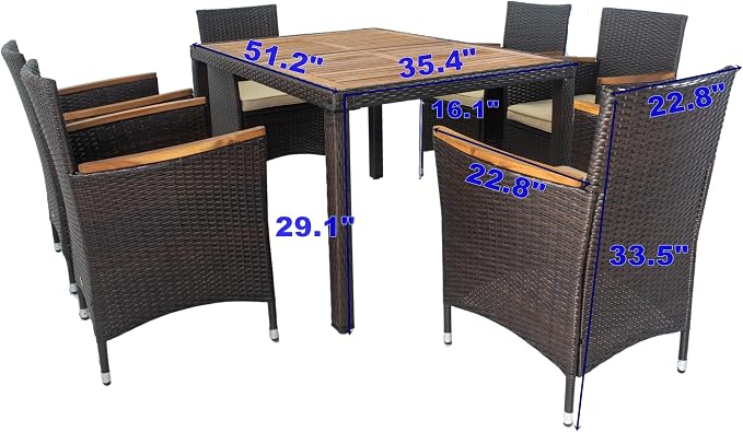 7 Piece Outdoor Patio Furniture Dining Set, Rattan Conversation Set with Acacia Wood Table Top, Widened Armrests and 6 Soft Cushion Chairs for Backyard, Garden
