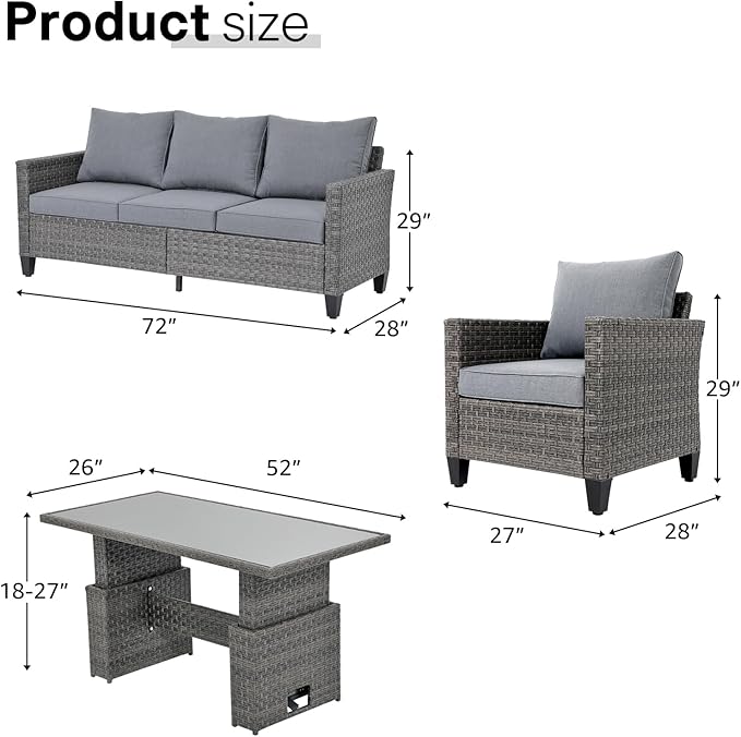 SUNSITT Outdoor Patio Furniture Set 4 Piece Wicker Conversation Set with Lift Coffee Table Sectional Dining Set 3 Seat Sofa Couch with Club Chair, Grey Wicker & Grey Cushion