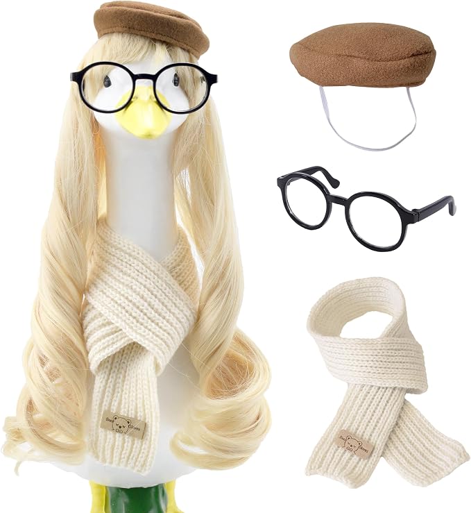 Back to School Bookish Porch Goose Outfit with Goose Blonde Wig 1 Pack Fall Academia Preppy Porch Goose Accessories for 17" & 23" Lawn Goose Statues