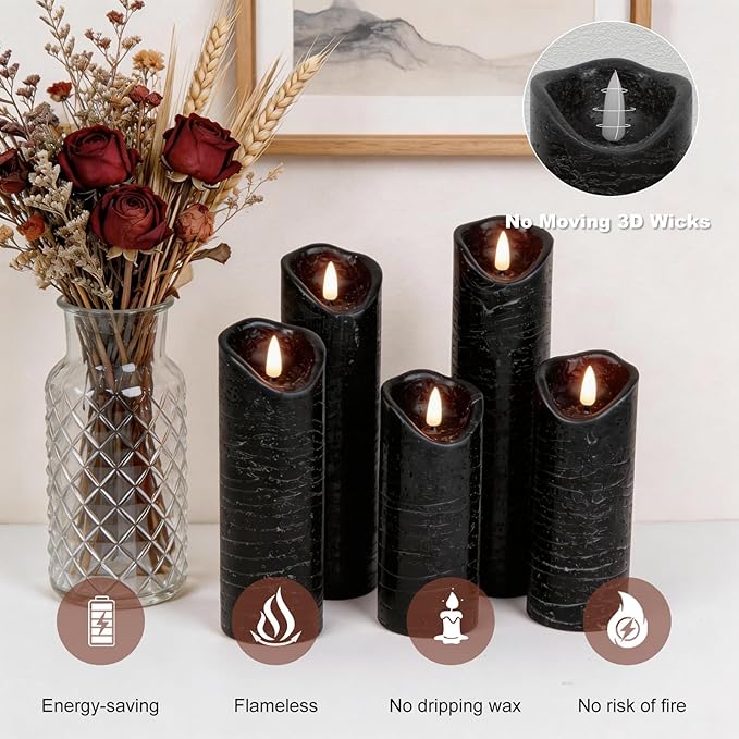 Flickering Flameless LED Candles with 5 PCS (H5 5.5" 6" 7" 8"), Fake Battery Operated Pillar Candles - 3D, Remote and Timers, Real Wax Candles for Home/Wedding/Fireplace Xmas Decor (Black)