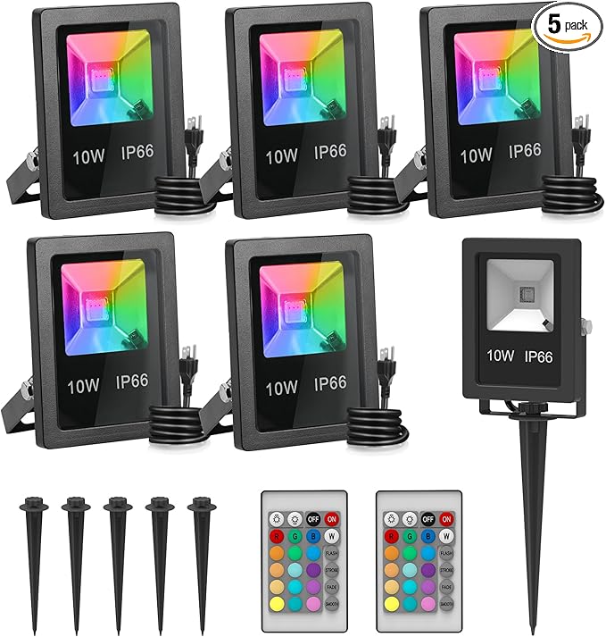 T-SUN Christmas Led Mini Flood Light Outdoor, 10W RGB Color Changing Waterproof Security Lights, with US Plug, Remote Control Spotlight for Garden Backyard Garage Decorative Stage Landscape (5 Pack)