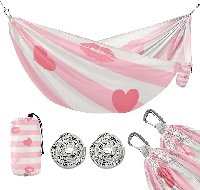 Pink White Stripes Heart Lip Love 330lb Capacity Outdoor Hammocks with Hanging Rope Indoor Hammock for Indoor Outdoor Patio Base para hamacas para adultos