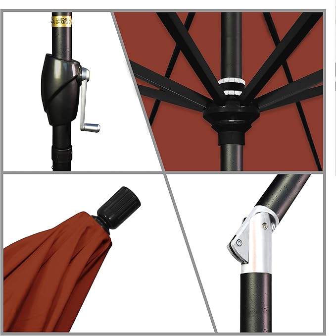 California Umbrella 7.5' Round Aluminum Market Umbrella, Crank Lift, Push Button Tilt, Black Pole, Sunbrella Terracotta