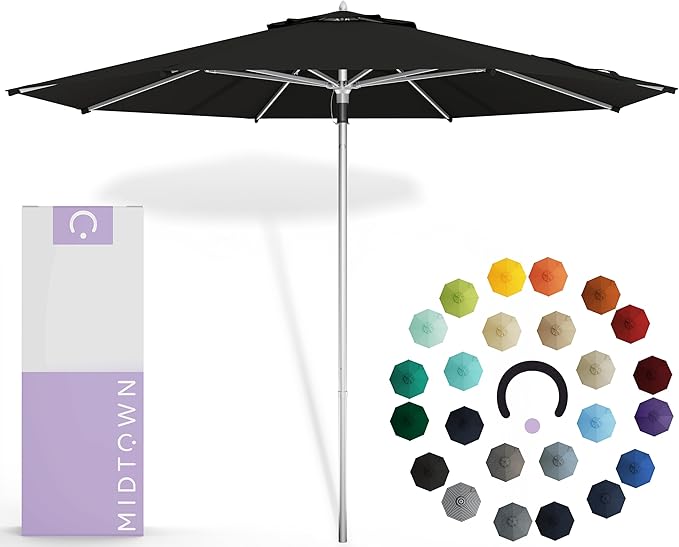 Midtown Umbrellas Push & Pop 8 Ft Patio Umbrellas with Push & Pop Mechanism, 8 Fiberglass Ribs & Sunbrella Fabric – Outdoor Umbrella for Deck, Pool, Cafés and Hotels – Black Canopy, Silver Pole