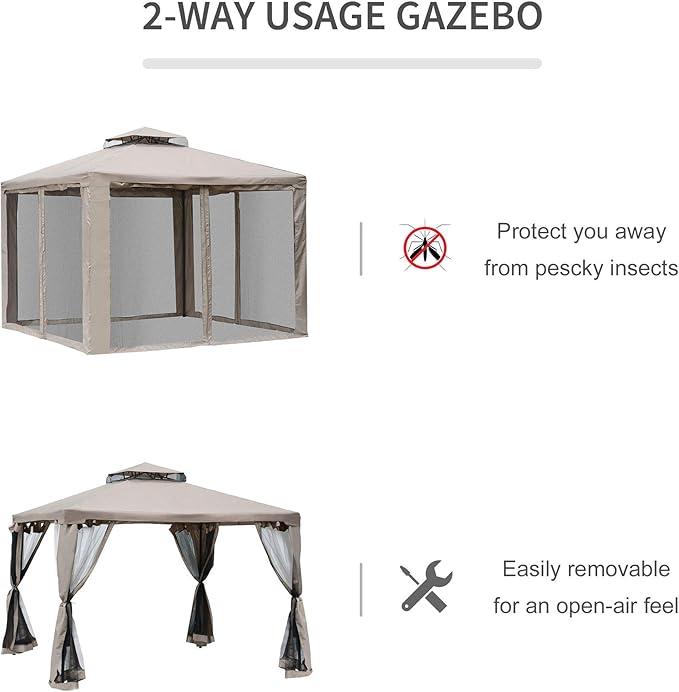 Outsunny 9.6' x 9.6' Patio Gazebo, Outdoor Canopy Shelter with 2-Tier Roof and Netting, Steel Frame for Garden, Lawn, Backyard, and Deck, Taupe
