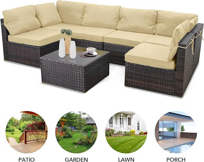 7 Pieces Outdoor Patio Furniture Sets,Rattan Conversation Sectional Set,Manual Weaving Wicker Patio Sofa with Tea Table