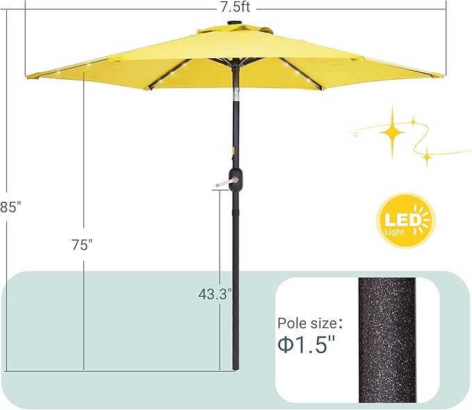 7.5ft Outdoor Umbrella Patio Umbrella with Solar Lights,18 LED Lighted Table Market Outdoor Umbrella, 2-Year-Non-Fading, for Pool, Deck, Garden,Backyard