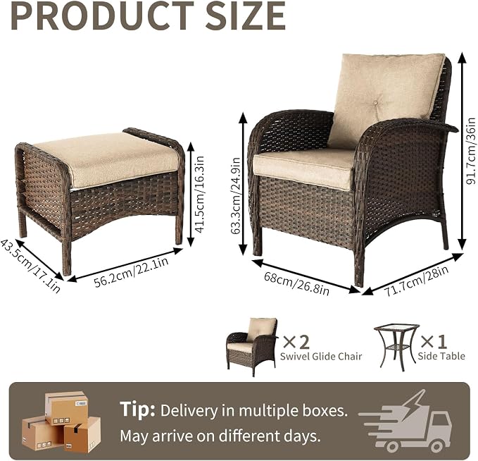 SHGJ&SOFT All Weather Patio Furniture Set, High Back Swivel Rocker Glider Chairs，Ottomans & Glass Tables, Outdoor Conversation Set for Deck Porch Yard Poolside (Brown, 4PCS-Chairs&Ottomans)