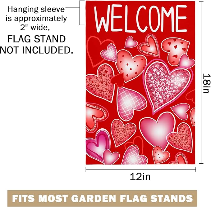 Valentines Day Garden Flags 12x18 Inch Double Sided Love Hearts Welcome Garden Flag for Outside Red Holiday Decoration for Anniversary Wedding