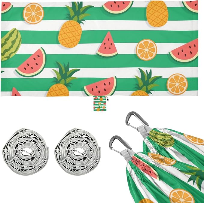 Green White Striped Summer Fruit 330lb Capacity Hammocks for Camping with Tree Straps Tree Hammock for Patio Backyard Lounge Base hamaca para Patio Exterior