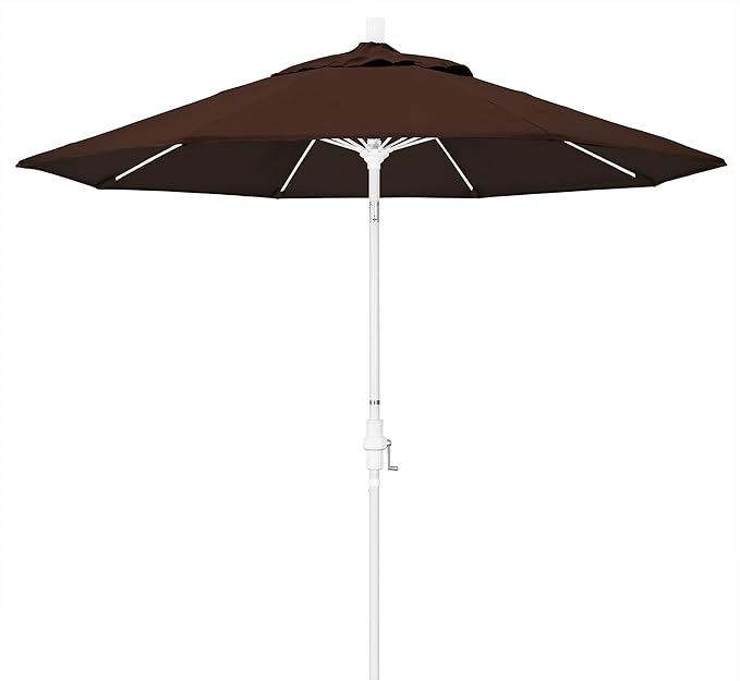 California Umbrella 9' Round Crank Lift, Collar Tilt, Aluminum Pole, Fiberglass Rib Patio Umbrella, White Finish, Sunbrella Bay Brown