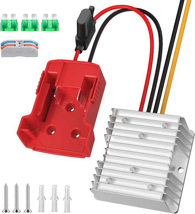 Upgraded 18V to 12V Step Down Power Aadpter Works with Milwaukee 18V Battery, DC 18V to DC 12V 20A 240W Power Wheel Converter, Buck Boost Voltage Regulator with Low Voltage Protection and Fuse