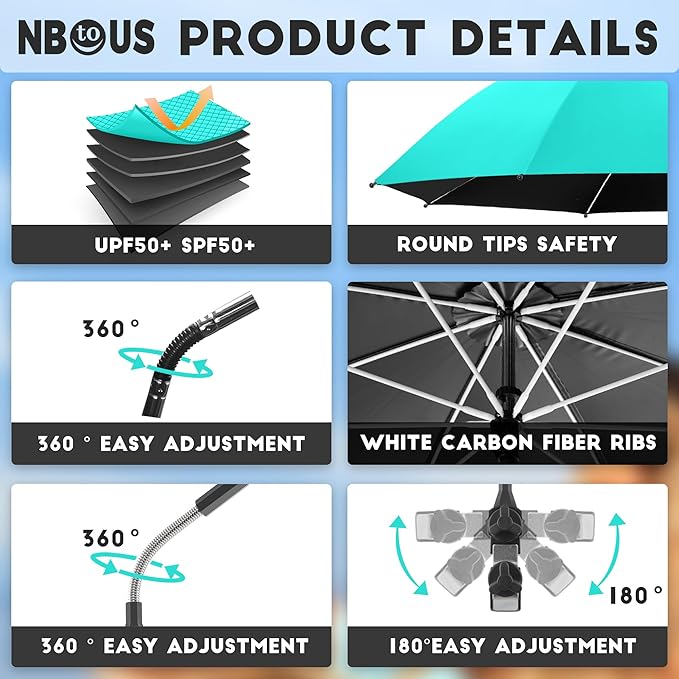 Beach Umbrella, 360 ° Chair Umbrella with Clamp, UPF50+ Shade for Beach, Sand, Patio, Yard (Not Includ Chair)