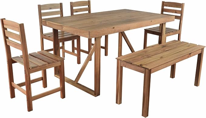 6 Piece Patio Dining Set with Dining Table and Chairs Set, Wood Outdoor Table with Bench, Rectangular Table Set for Balcony and Backyard (Natural Wood)