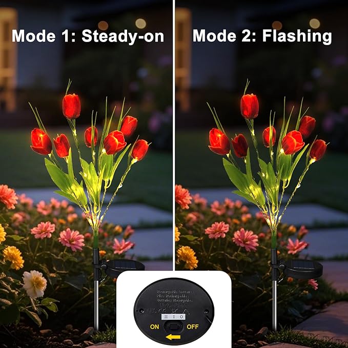 Aolyty Solar Garden Lights Outdoor, Solar Tulip Lights 2 Pack with 14 Tulip Flowers, IP65 Waterproof LED Stake Light for Pathway Patio Yard Landscape Decorative (Red)