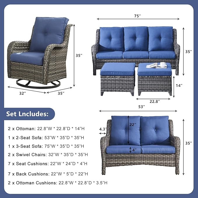 Rilyson Wicker Patio Furniture Set - 6 Piece Rattan Outdoor Sectional Conversation Sets with 2 Rocking Swivel Chairs,2 Ottomans,1 Sofa and 1 Loveseat for Porch Deck Garden(Mixed Grey/Blue)