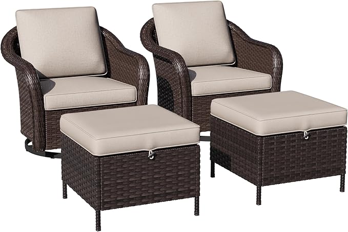 4 Piece Patio Wicker Conversation Set, 2 All-Weather Use Outdoor Wicker Swivel Chairs with 2 PE Rattan Ottomans,Ideal for Porch, Backyard, Balcony, Poolside, Beige