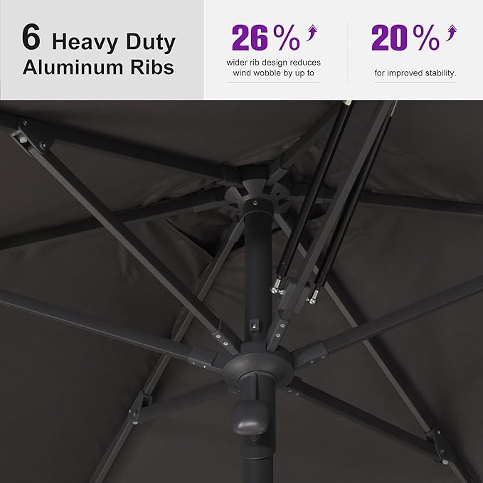 PURPLE LEAF 10' x 6.5' Rectangular Semi-Auto Outdoor Patio Umbrella Aluminium Market Umbrella Table Sun Umbrella with 1.89" Rod and 6 Sturdy Ribs for Deck Lawn Pool Garden, Gray