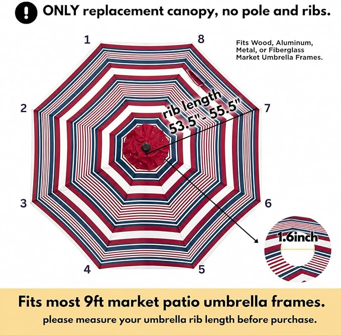 Sfmora 9ft Patio Umbrella Replacement Canopy for 8 Ribs, Outdoor Umbrella Canopy ONLY, Market Umbrella Top, Water-Resistant & UV-Protective
