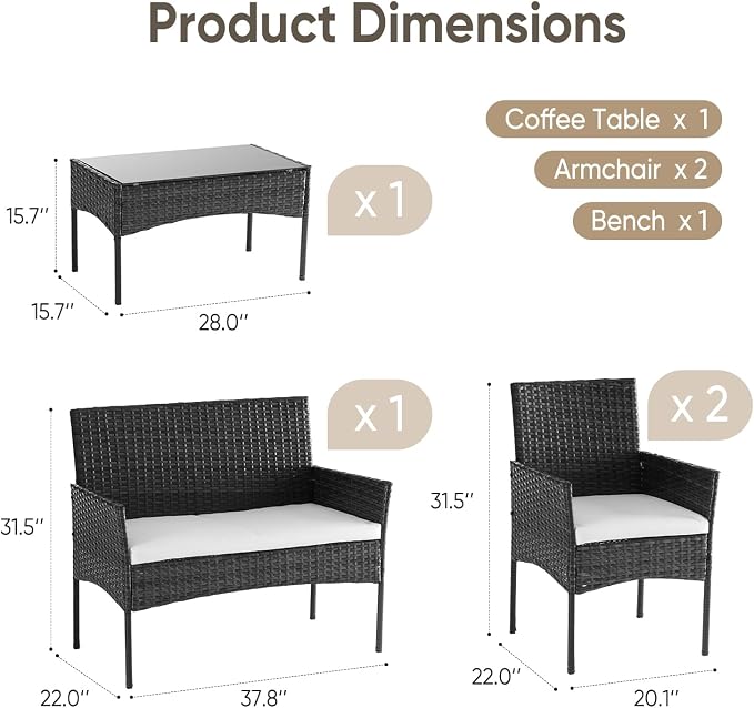 DUMOS 4 Piece Patio Furniture Set, All-Weather Outdoor Wicker Conversation Set with Removable Cushions & Tempered Glass Coffee Table, for Porch, Balcony, Lawn, Backyard, Black