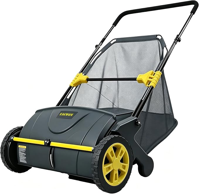 Push Lawn Sweeper, 21-Inch Width, 3.5 Cu. Ft. Hopper Capacity, 4 Spinning Brushes, Adjustable Height, Durable Steel Frame with Rubber Wheels, Yellow