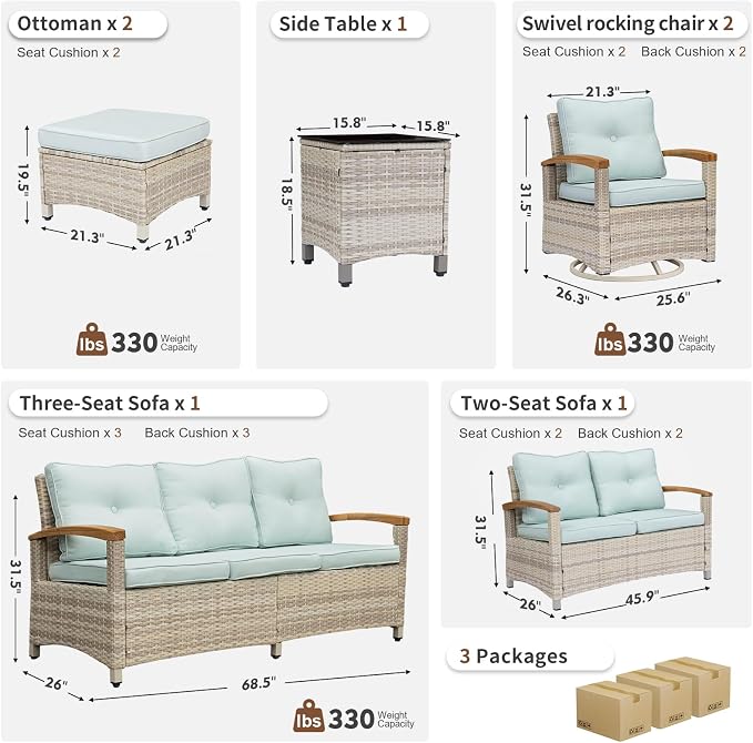 MEISSALIVVE 7 Pieces Outdoor Patio Furniture Sets, Wicker Patio Conversation Sets with 2 Wood Armrests Swivel Glide Chairs, Outdoor Couch for Deck Yard and Poolside (Blue)