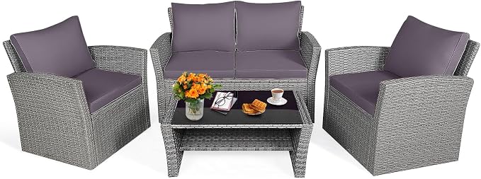 RELAX4LIFE 4-Piece Patio Conversation Seat - Wicker Sofa Set w/Seat & Back Cushions, Coffee Table w/Tempered Glass Tabletop, Outdoor Rattan Sofa Set for Backyard, Porch (Grey)