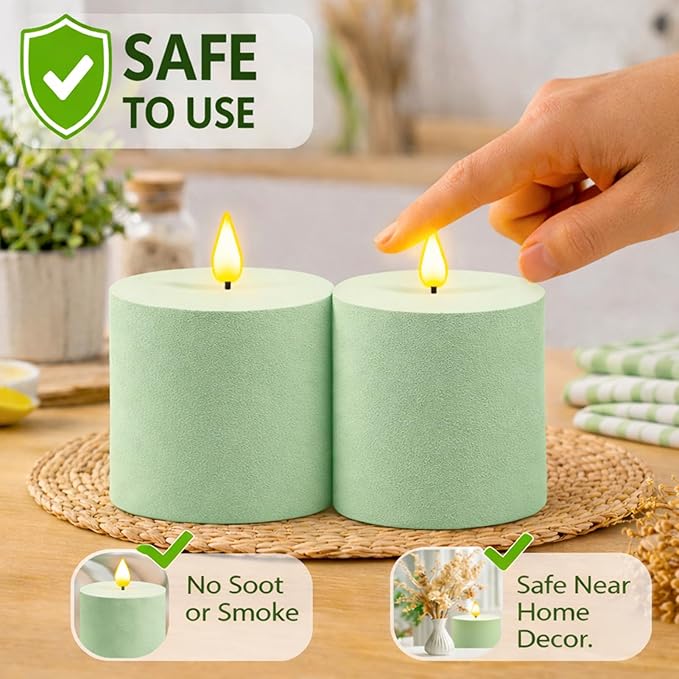 smtyle Sage Green 4x4 Inch LED Pillar Sculptural Textured Finish Frosted Plastic Realistic Flickering Flameless Battery Operated Fake Candles Set of 2 for Coffee Table, Yoga, Meditation, Spa