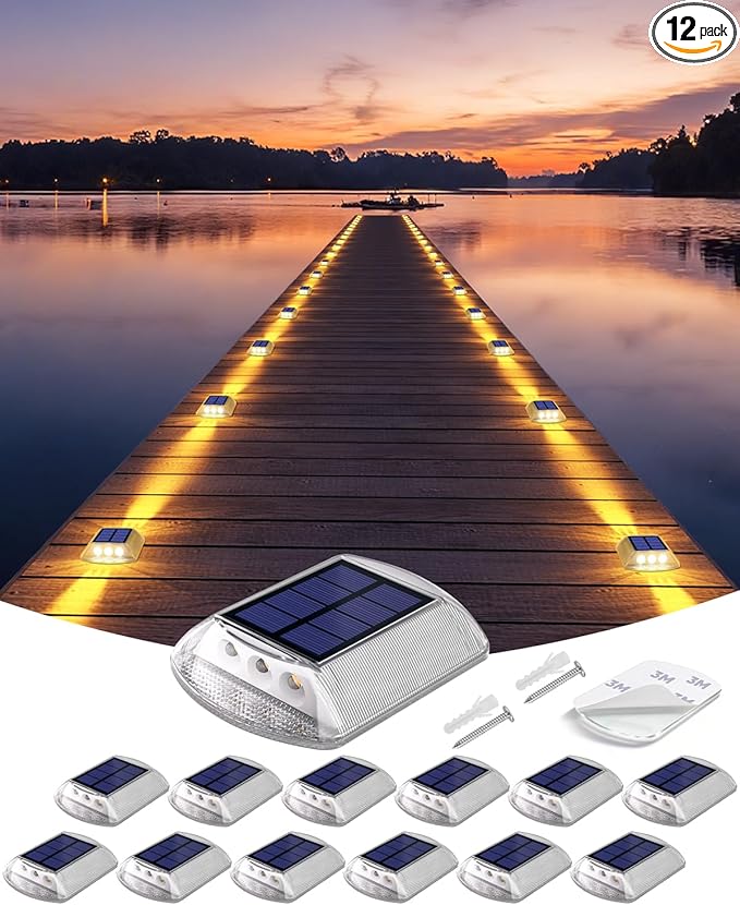 DetarZinLED Solar Deck Lights Outdoor, 12 Pack Warm White Driveway Lights Solar Powered, IP68 Waterproof Stick on & Screw Dock Light for Pathway, Walkway, Sidewalk, Patio, Pool Deck, Garden, Step