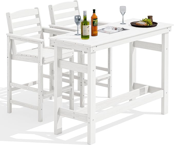 SERWALL Outdoor Bar Set - 2 Adirondack Bar Chairs & Bar Height Table with 1.6" Umbrella Hole, All-Weather HDPE Patio Furniture for Poolside, Backyard, Garden - White