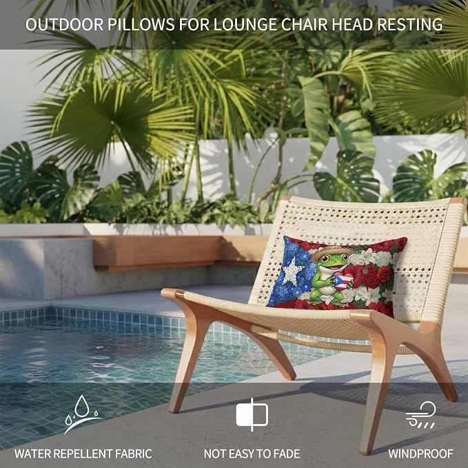 Outdoor Chair Pillow Headrest for Patio Pool Chaise Lounge, Funny Frog Recliner Head Pillow, Farmhouse Red Blue Floral Puerto Rico Flag Waterproof Pillowcases Neck Lumbar Pillows & Insert 12x20x2pcs