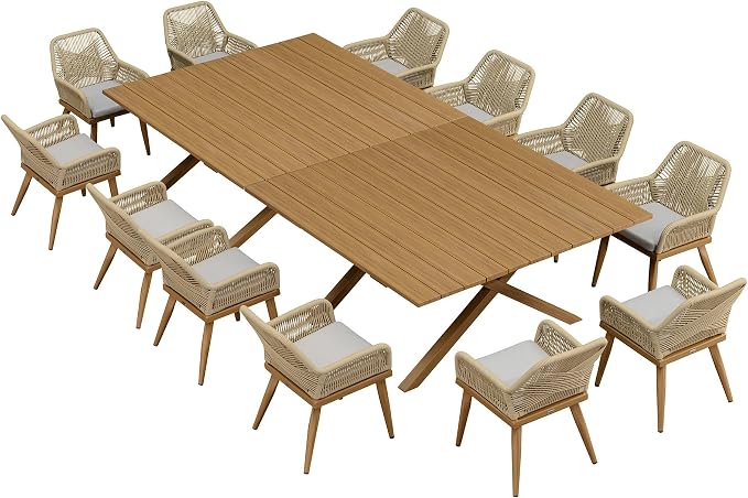 PURPLE LEAF Outdoor Dining Set All-Weather PE Rattan Outdoor Patio Furniture Set with All Aluminum Frame Rectangular Table and Chairs 14 Pieces Set for Lawn Garden Backyard Deck, Teak