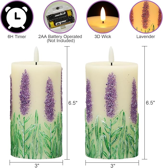 DRomance Lavender Flameless Candles Battery Operated with 6 Hour Timer 3D Wick Flickering LED Pillar Candles Real Wax Hand-Painted Dinner Christmas Holiday Decor(2 Pack, 3" D x 6.5" H)