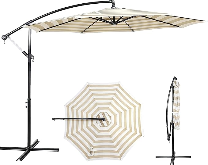 10FT Offset Patio Umbrella, Cantilever Hanging Umbrella with Infinite Tilt, Fade-Resistant Water-Repellent Canopy & Cross Base for Yard, Garden & Deck