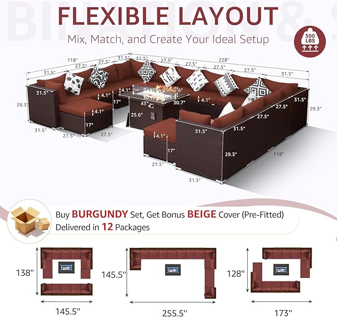 NICESOUL 15 Piece Outdoor Sectional with Fire Pit Table, Modern Luxury Patio Deep Seating w/Firepit, 29.3'' High-Back Wicker Couch Thick, Big High-Weight Capacity Sofa for Garden, Yard, Brown & Red