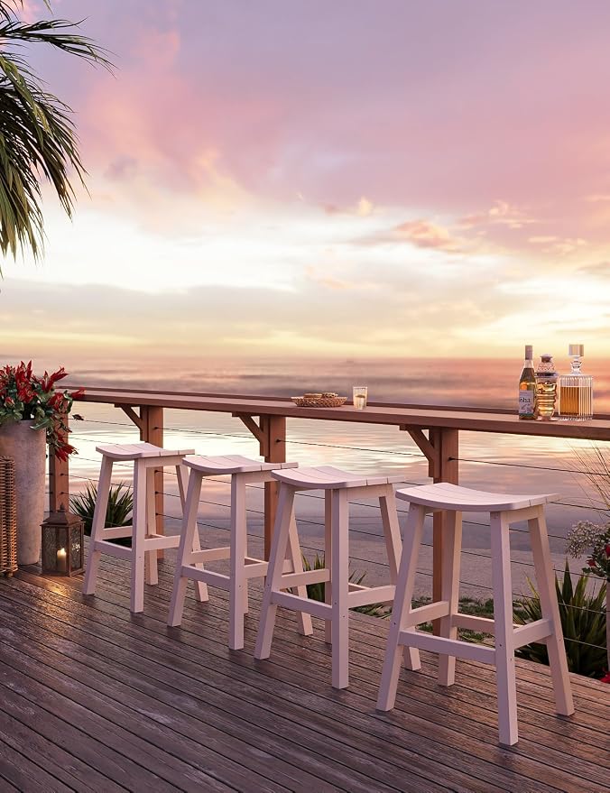 Weatherproof Bar Stools Set of 2, 28" Height Outdoor Bar Stools Holds up to 400 lbs, Saddle Seat, Bar Height Stools for Patio, Garden, and Kitchen Island, White