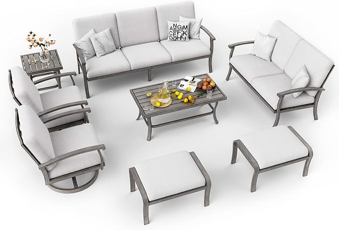 HAPPATIO 8 Piece Aluminum Patio Furniture Set, 3-Seat Outdoor Couch and Loveseat, All-Weather Outdoor Sectional Sofa with Swivel Armchairs, Garden Conversation Set with Tables (Gray)