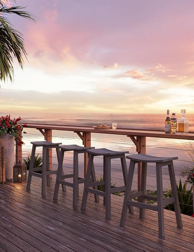 Weatherproof Bar Stools Set of 4, 28" Height Outdoor Bar Stools Holds up to 400 lbs, Saddle Seat, Bar Height Stools for Patio, Garden, and Kitchen Island, Gray