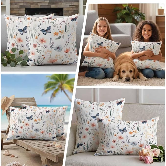 Spring Flower Butterfly Outdoor Waterproof Throw Pillow Covers Set of 2, 16"x16", Retro Watercolor Floral Leaf Decorative Pillow Covers Outside Cushion Case for Patio Porch Garden