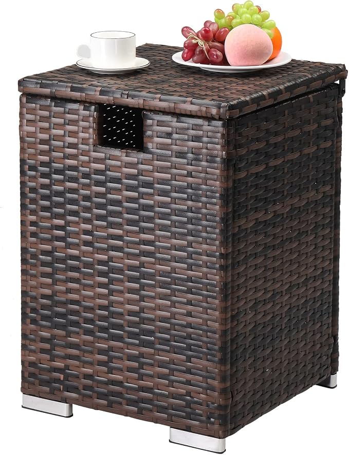 22.4in Outdoor Rattan Side Tables,Iron Frame Gas Bottle Storage Bin,Waterproof Patio Coffee Side Tables,All-Weather PE Wicker End Table,with Lid,for Garden Porch Poolside Deck Backyard (Brown)