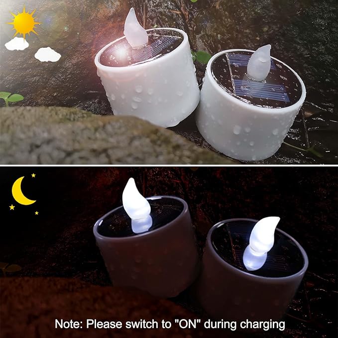 6 Pack Cool White Flickering Outdoor Waterproof Solar Powered Electric Candles, Solar LED Rechargeable Flameless Votive Candles, Flicker Battery Tea Lights Bulk for Outside Table Home Decor