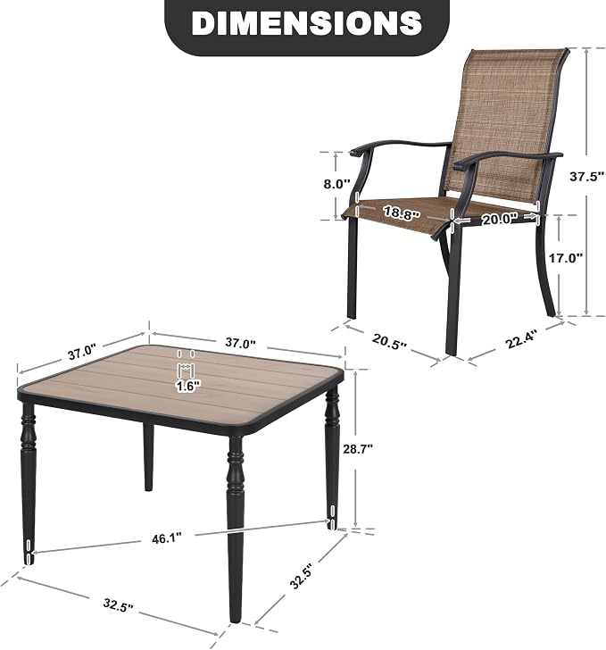 NUU GARDEN 5-Piece Outdoor Dining Se4 Textilene Chairs & 37" Square Table with Umbrella Hole and Faux Wood Tabletop,Outdoor Furniture for Backyard, Deck, Yard, Garden,Black Brown
