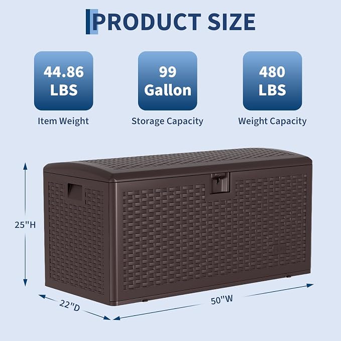 73 Gallon Large Resin Deck Storage Box, Weatherproof Lockable Outdoor Organizer with Woven Strap Design, Durable HDPE Chest for Patio Garden Tools, Pool Toys, Furniture Cushions