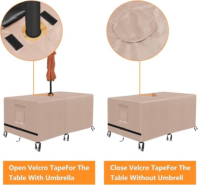 Kovshuiwe Rectangle Patio Table Cover with Umbrella Hole Heavy Duty Waterproof 600D Oxford Fabric Outdoor Lawn Patio Furniture Covers (Square-108 Lx 82" W x 23.6" H), Khaki