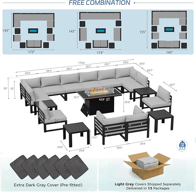 NICESOUL 17 Piece Oversized Aluminum Outdoor Patio Furniture Set with Fire Pit Table & Coffee Table, 29" Wide Deep Sectional Sofa, 500 lbs Heavy Duty Comfortable Conversation Set for Deck, Light Gray