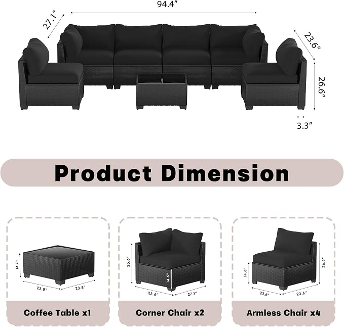 Patio Furniture Set, 7-Piece Outdoor Sectional Couch with Coffee Table & Thick Cushions, Outdoor Wicker Conversation Set for Backyard, Poolside, Garden (Crossbody Black-Black, 7 Piece-Single)