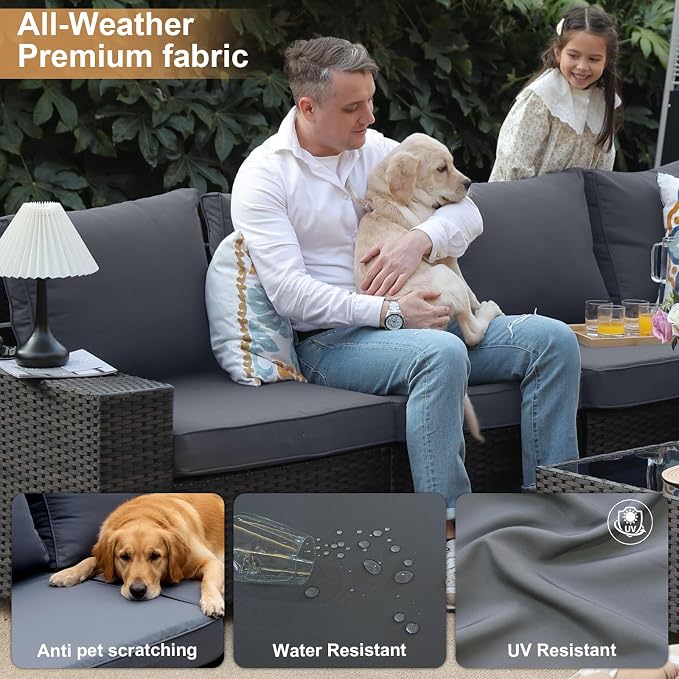 JOYURE 6 Pieces Patio Furniture Set, Outdoor Sofa with Waterproof Cushions, Rattan L Shaped Patio Couch & Coffee Table, Modern Outdoor Furniture for Backyard, Deck, Balcony – Grey