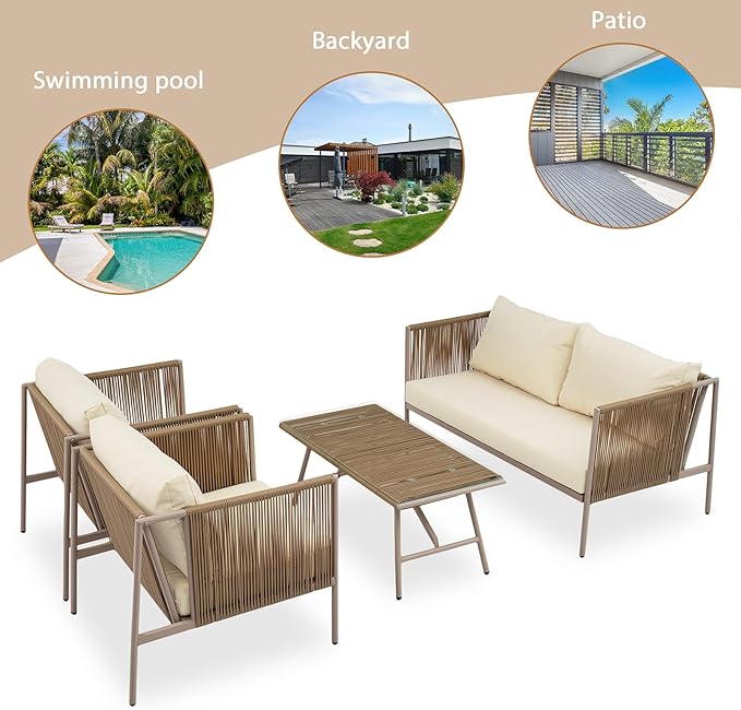 Outdoor Patio Furniture Couch Set, Rope Sofa Set with Thick Cushions and Toughened Glass Table All-Weather Wicker Sofa Conversation Set for Backyard, Beige