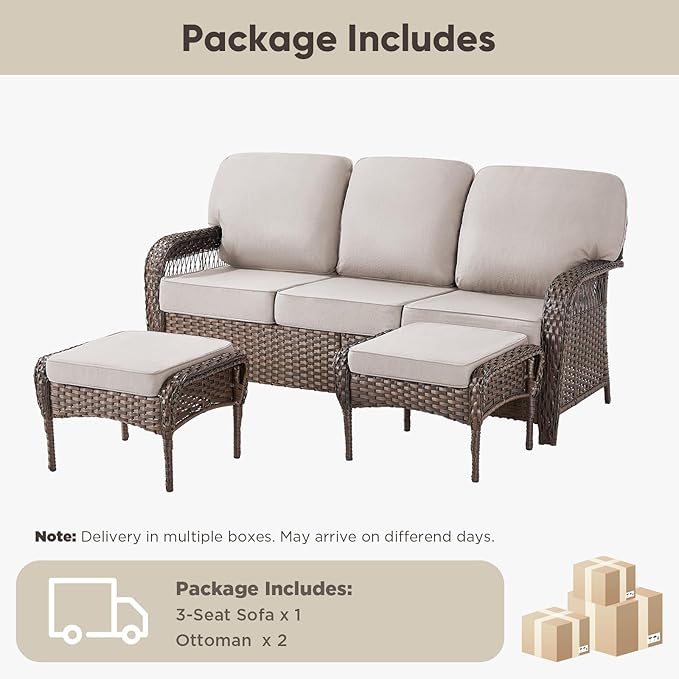 Belord Luxury Outdoor High Back Couch with Ottoman, All-Weather Wicker 3-Seater Sofa, 3 Piece Patio Conversation Furniture Set,Beige
